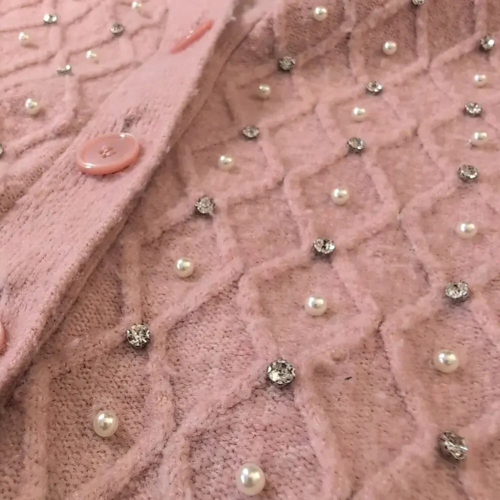 Express Pink Pearl & Crystal Cardigan Sweater with Diamond Knit Pattern, size XL